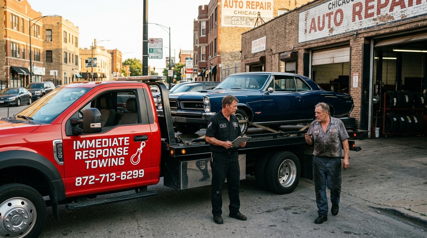 Immediate Response Towing truck delivering a vintage car to a Chicago repair shop Immediate Response Towing truck delivering a vintage car to a Chicago repair shop