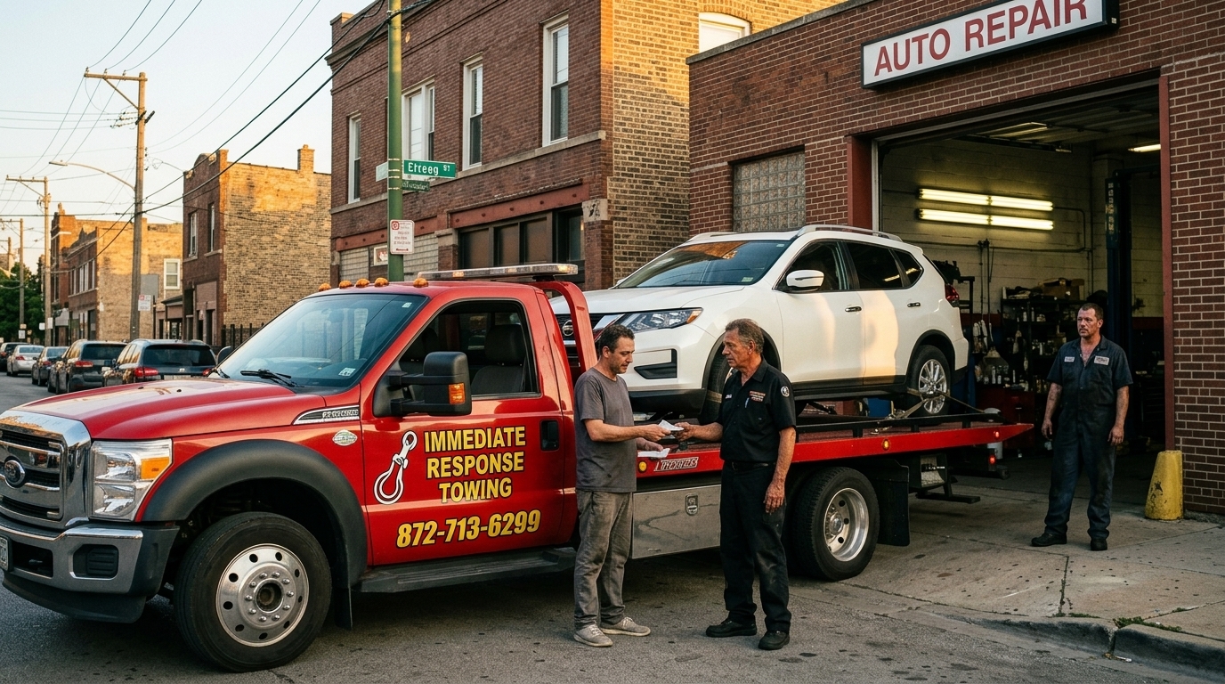 Immediate Response Towing driver delivering a customer's SUV to a nearby repair shop