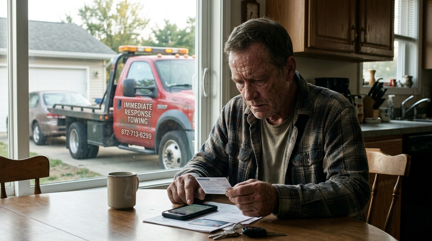 Driver checking insurance roadside coverage before calling a tow truck