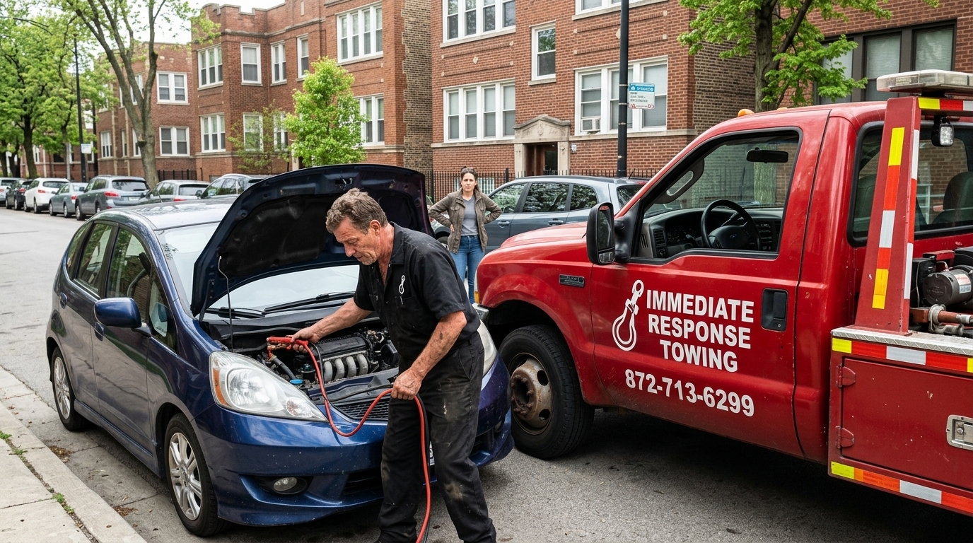 Immediate Response Towing operator jump starting a car on a Chicago street