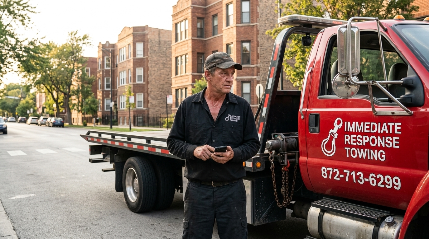 Immediate Response Towing operator checking a route on a Chicago avenue Immediate Response Towing operator checking a route on a Chicago avenue