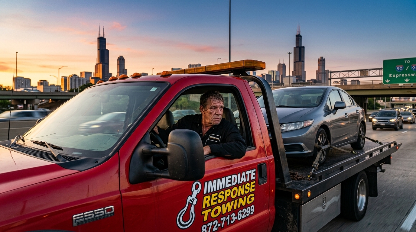 Immediate Response Towing truck carrying a car along a Chicago expressway at sunset Immediate Response Towing truck carrying a car along a Chicago expressway at sunset