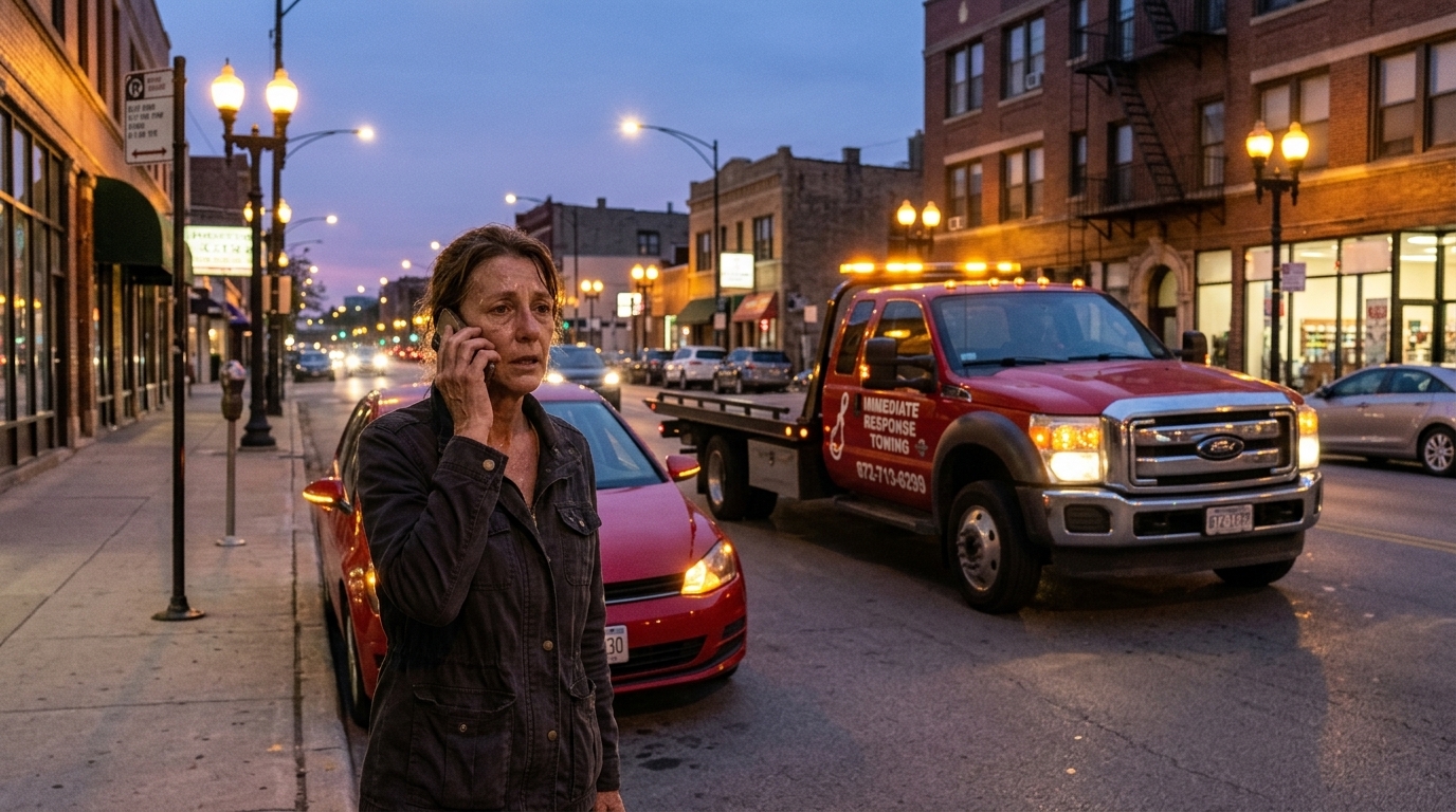 Driver calling a towing dispatcher while waiting beside a stalled car in Chicago Driver calling a towing dispatcher while waiting beside a stalled car in Chicago