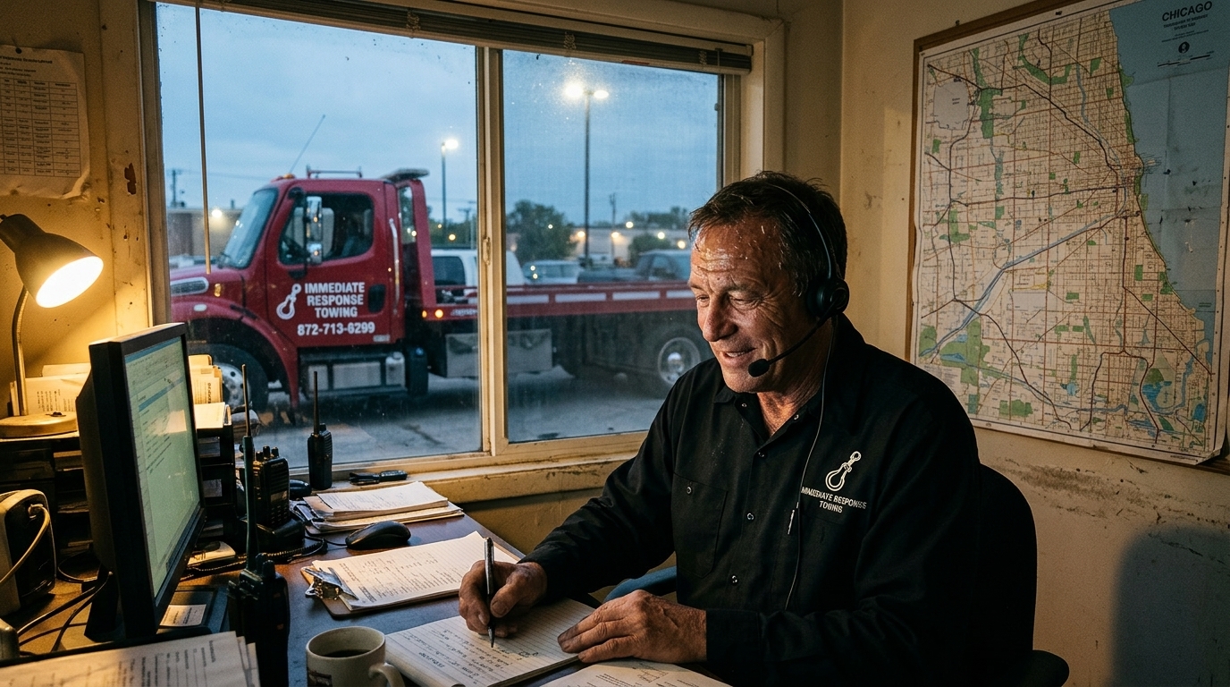 Immediate Response Towing dispatcher calmly taking a customer's call