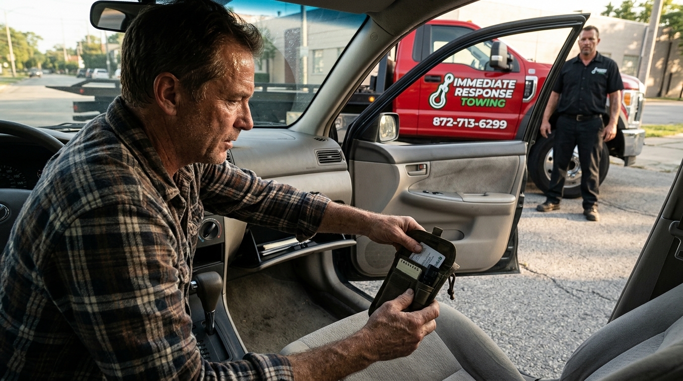 Driver reaching for a glove box tow kit as an Immediate Response Towing truck waits nearby