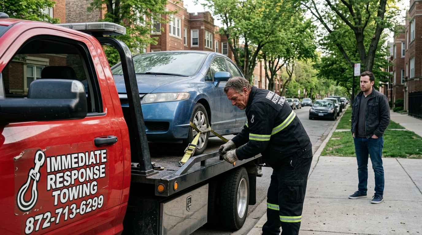 Immediate Response Towing operator securing a customer's car with straps