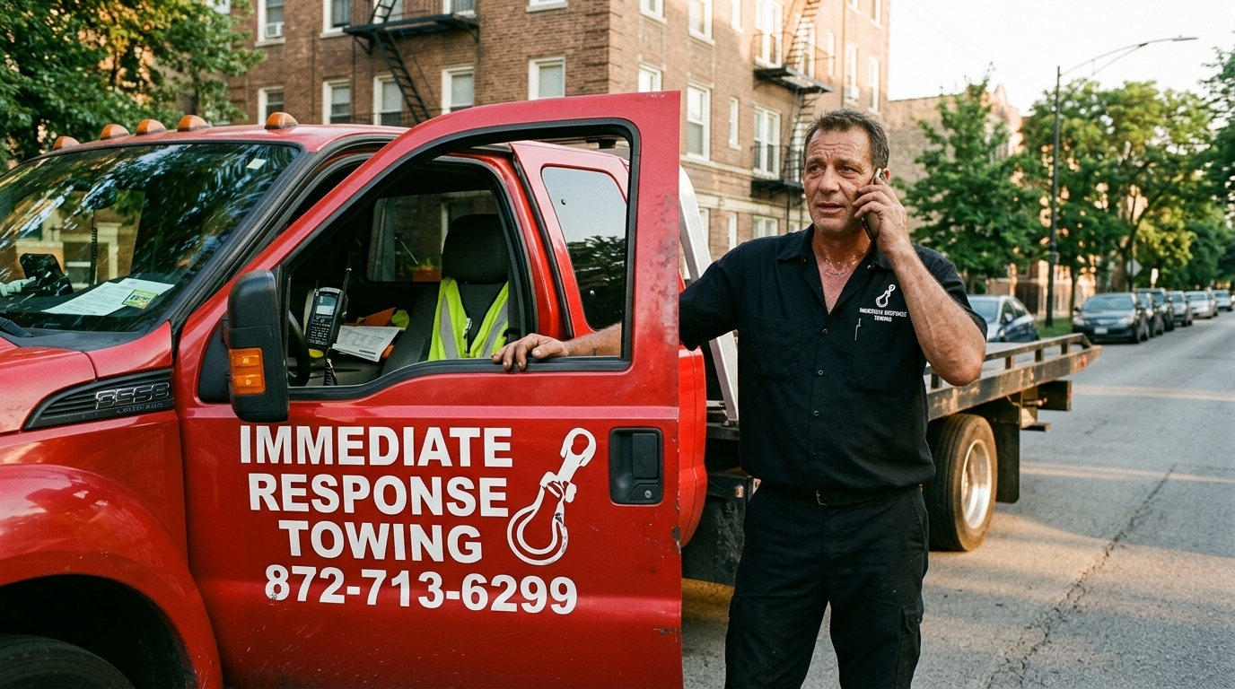 Immediate Response Towing operator confirming a pickup on the phone beside his truck