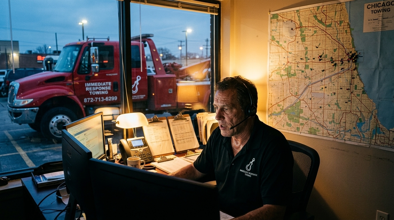 Immediate Response Towing dispatcher coordinating trucks from the office