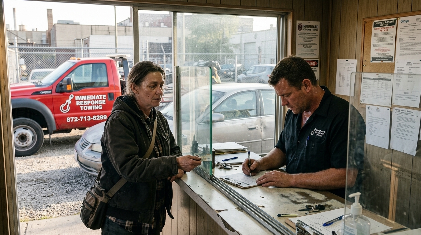 Customer retrieving her car at an Immediate Response Towing yard office
