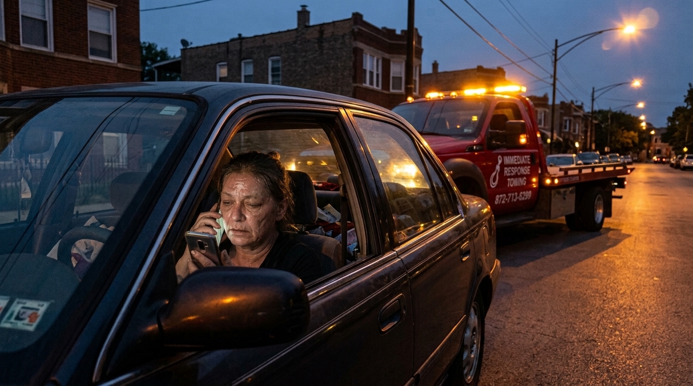 Driver on the phone confirming a towing quote while an Immediate Response Towing truck arrives