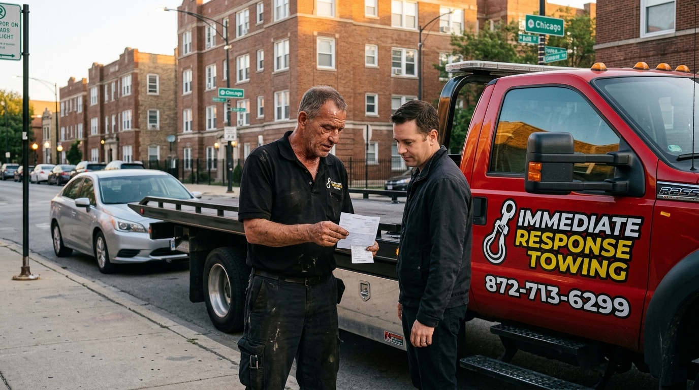 Immediate Response Towing driver handing a customer an itemized receipt at a repair shop