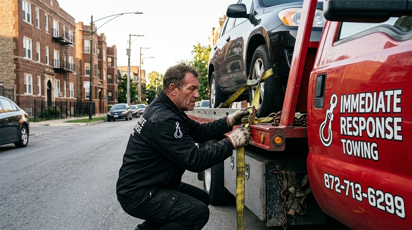 Immediate Response Towing operator securing an SUV on a flatbed