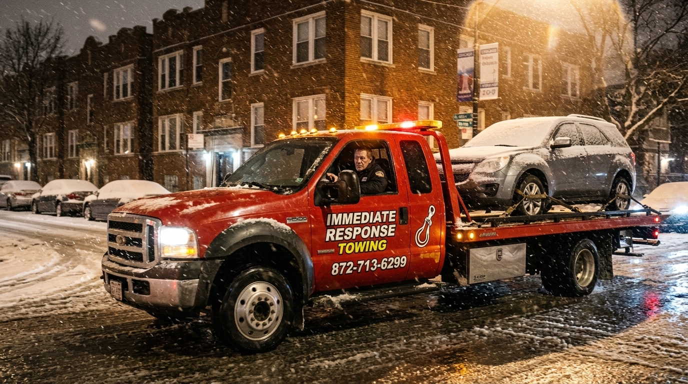 Immediate Response Towing truck carrying an SUV through a snowy Chicago street at night