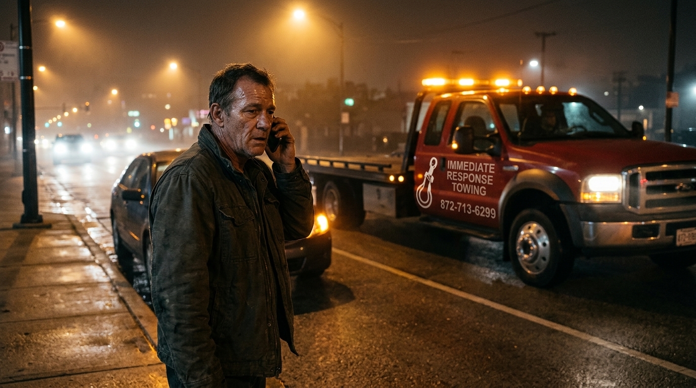 Driver on the phone with dispatch while waiting for an Immediate Response Towing truck at night