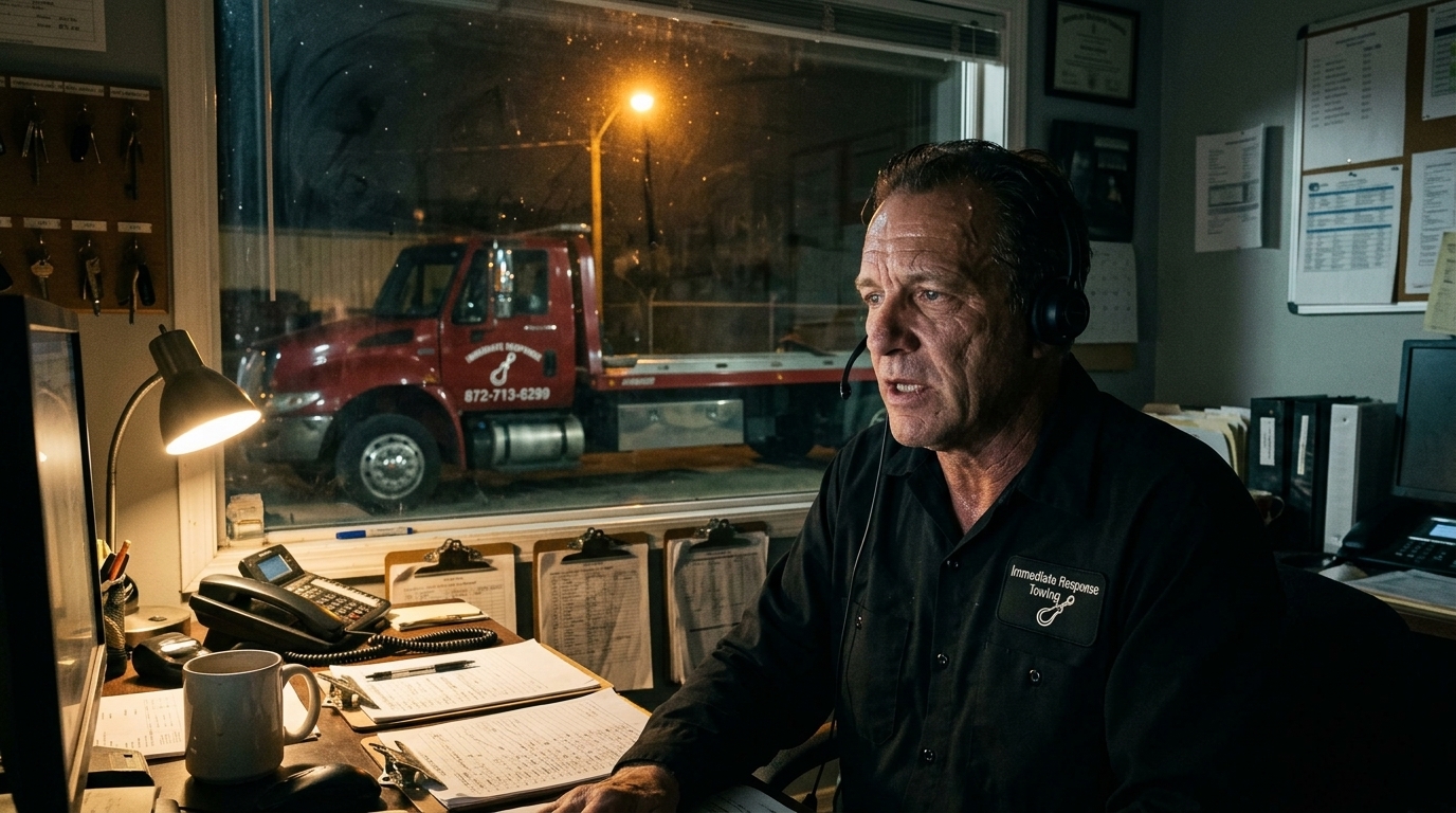 Immediate Response Towing dispatcher answering a late night call