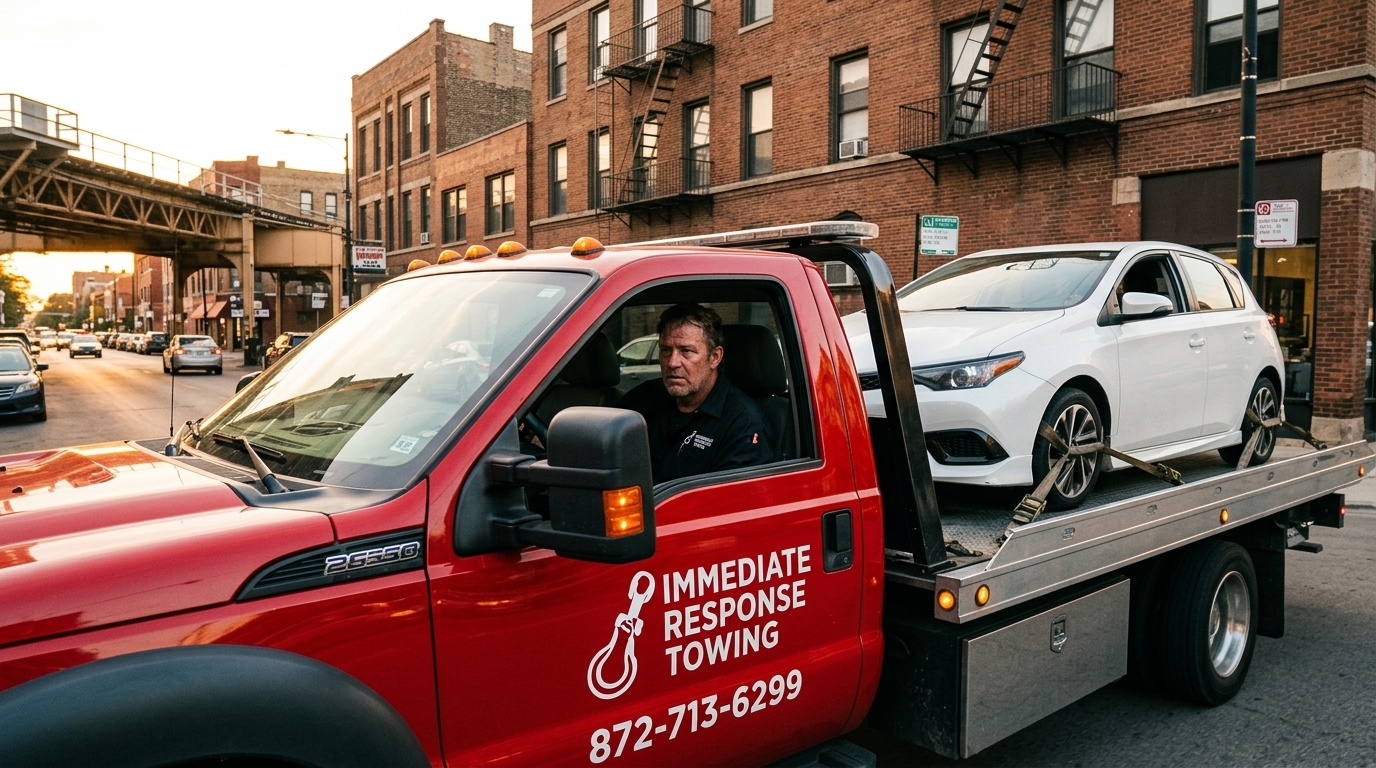 Immediate Response Towing truck carrying a hatchback through a Chicago street at sunset Immediate Response Towing truck carrying a hatchback through a Chicago street at sunset