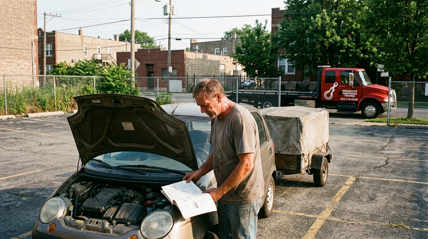 Driver checking the owner’s manual before towing a small trailer with a compact car Driver checking the owner’s manual before towing a small trailer with a compact car