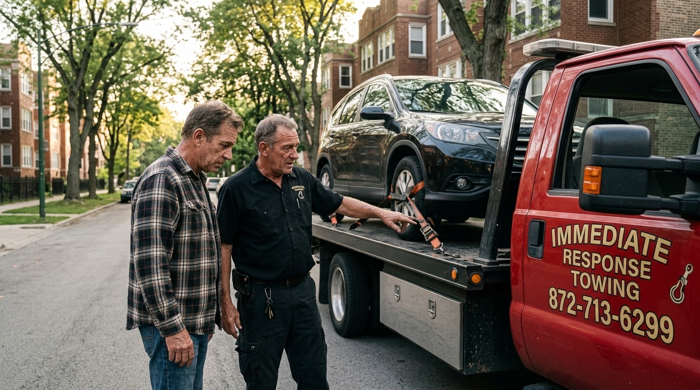 Immediate Response Towing operator explaining how a car is secured on a flatbed Immediate Response Towing operator explaining how a car is secured on a flatbed