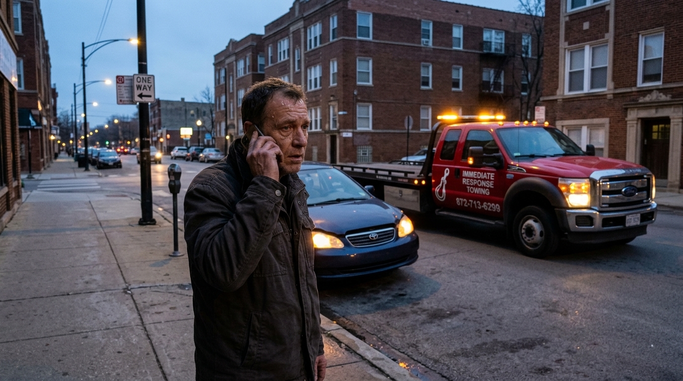 Driver waiting on the phone for an Immediate Response Towing truck to arrive
