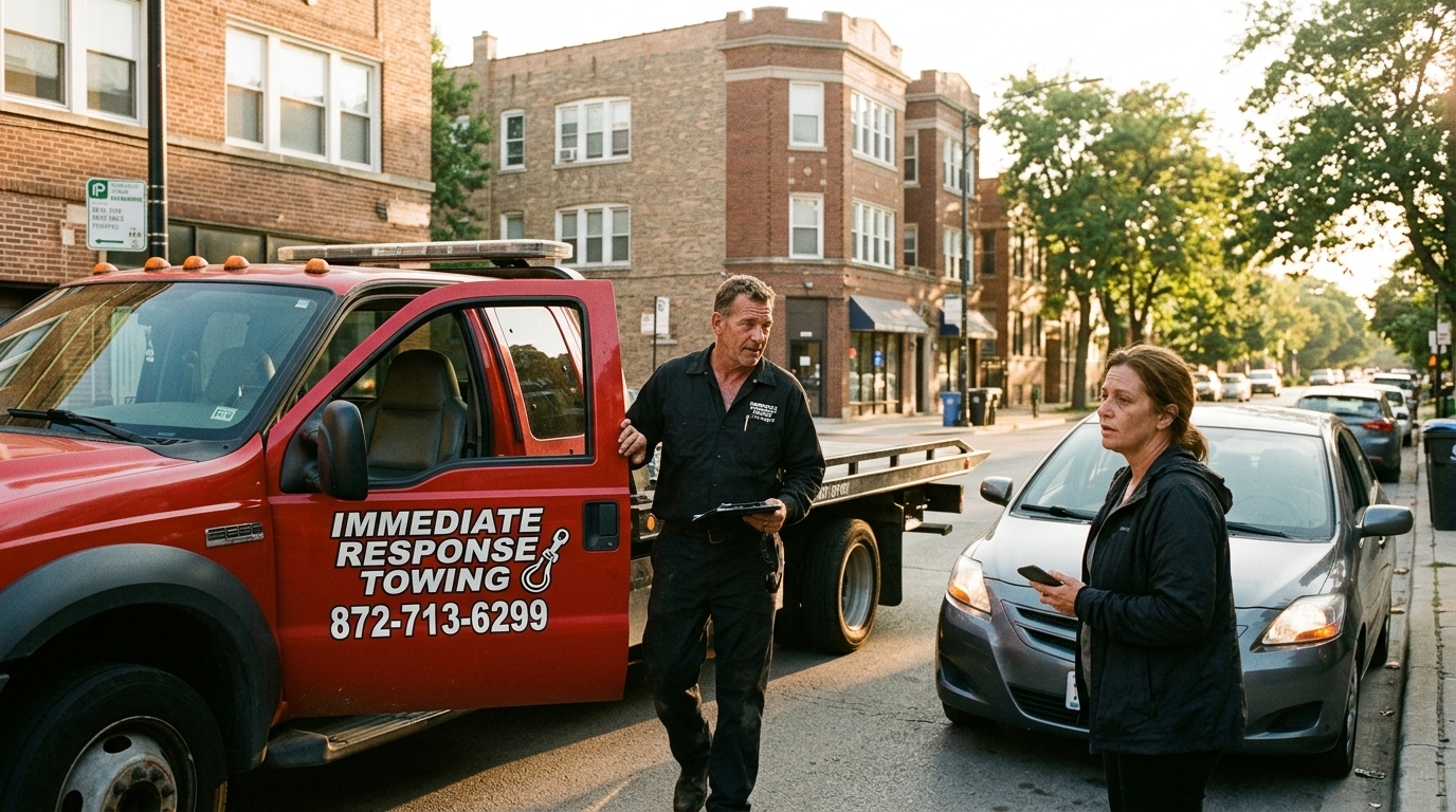 Immediate Response Towing operator greeting a customer as the truck arrives