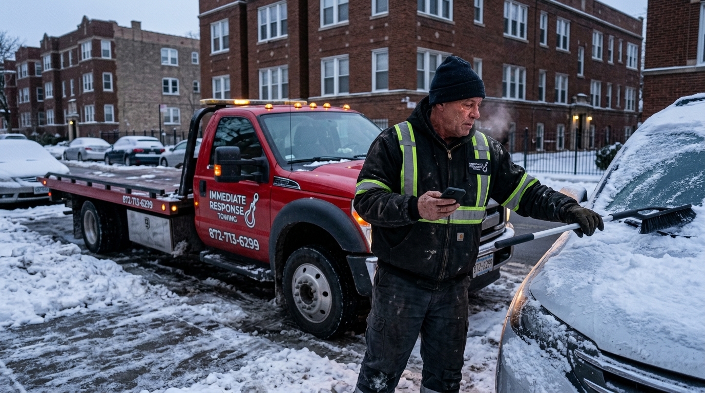 Immediate Response Towing operator on a snowy Chicago street in the early morning