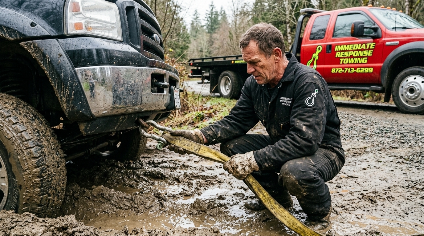 Immediate Response Towing operator attaching a recovery strap to a stuck pickup truck
