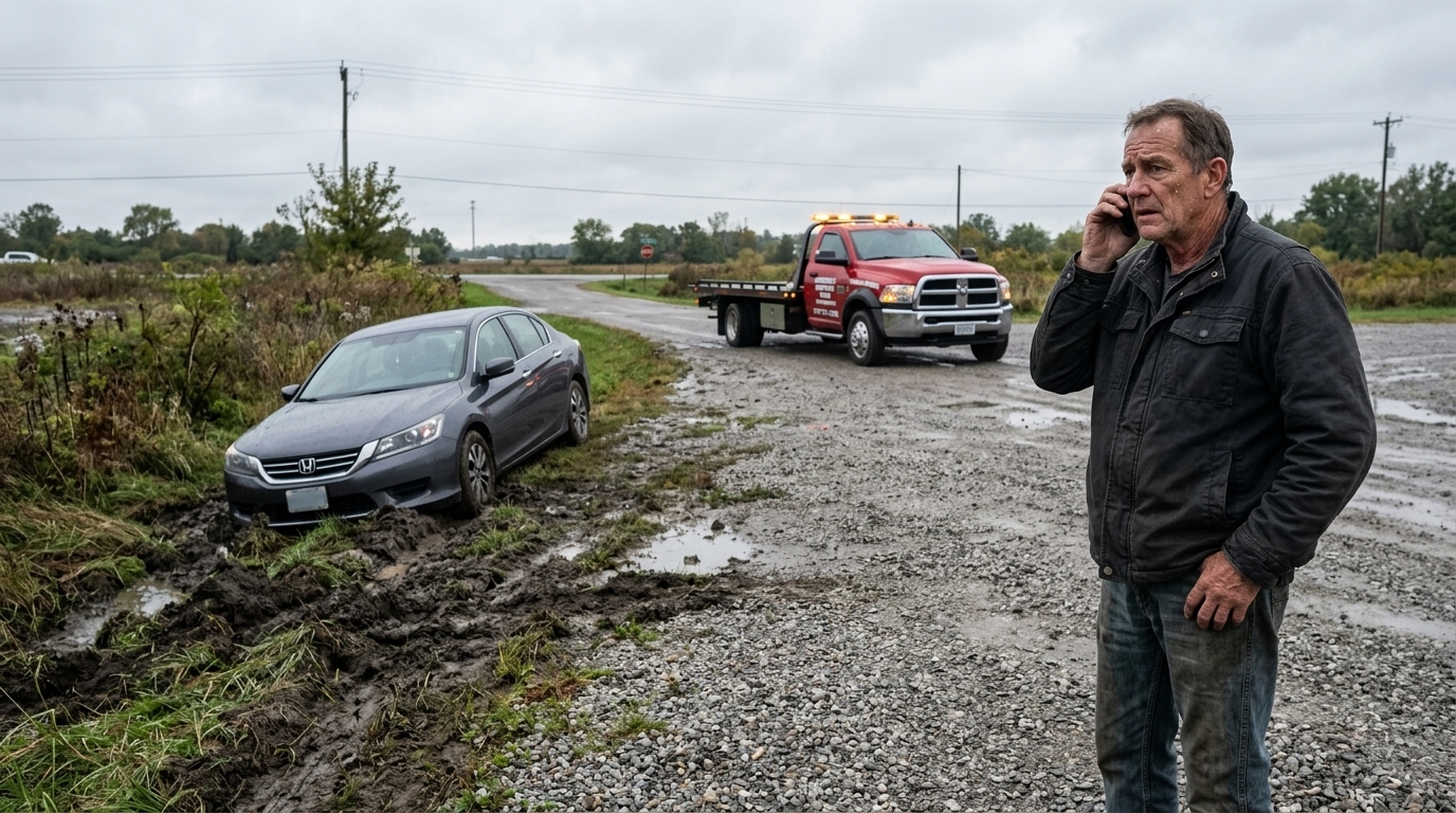 Driver calling for help after his car got stuck in mud at a gravel lot
