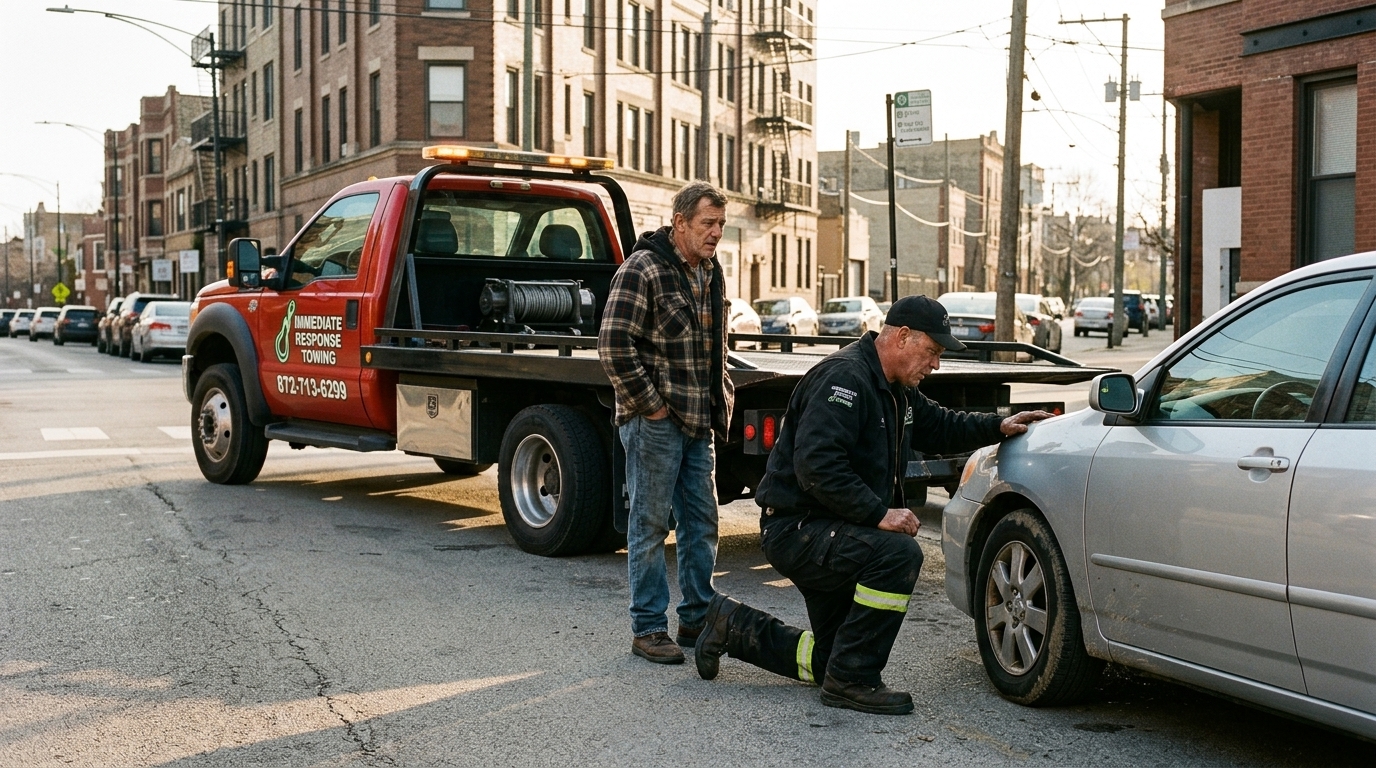 Immediate Response Towing operator checking a freed sedan after a recovery