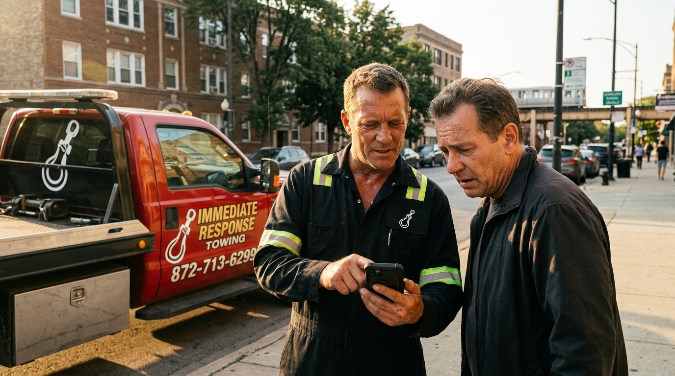 Immediate Response Towing operator confirming a customer’s booking details on a phone Immediate Response Towing operator confirming a customer’s booking details on a phone