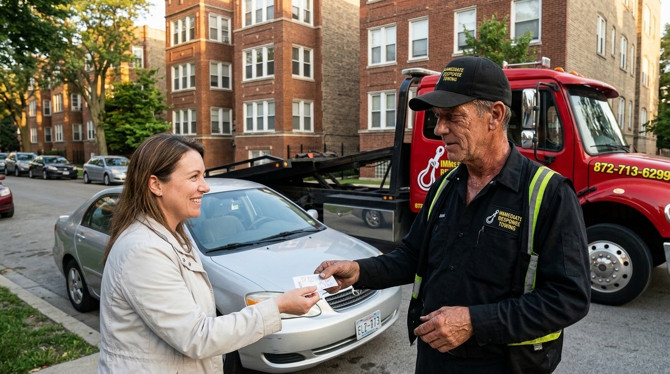 Immediate Response Towing driver handing a customer a receipt after delivering her car Immediate Response Towing driver handing a customer a receipt after delivering her car