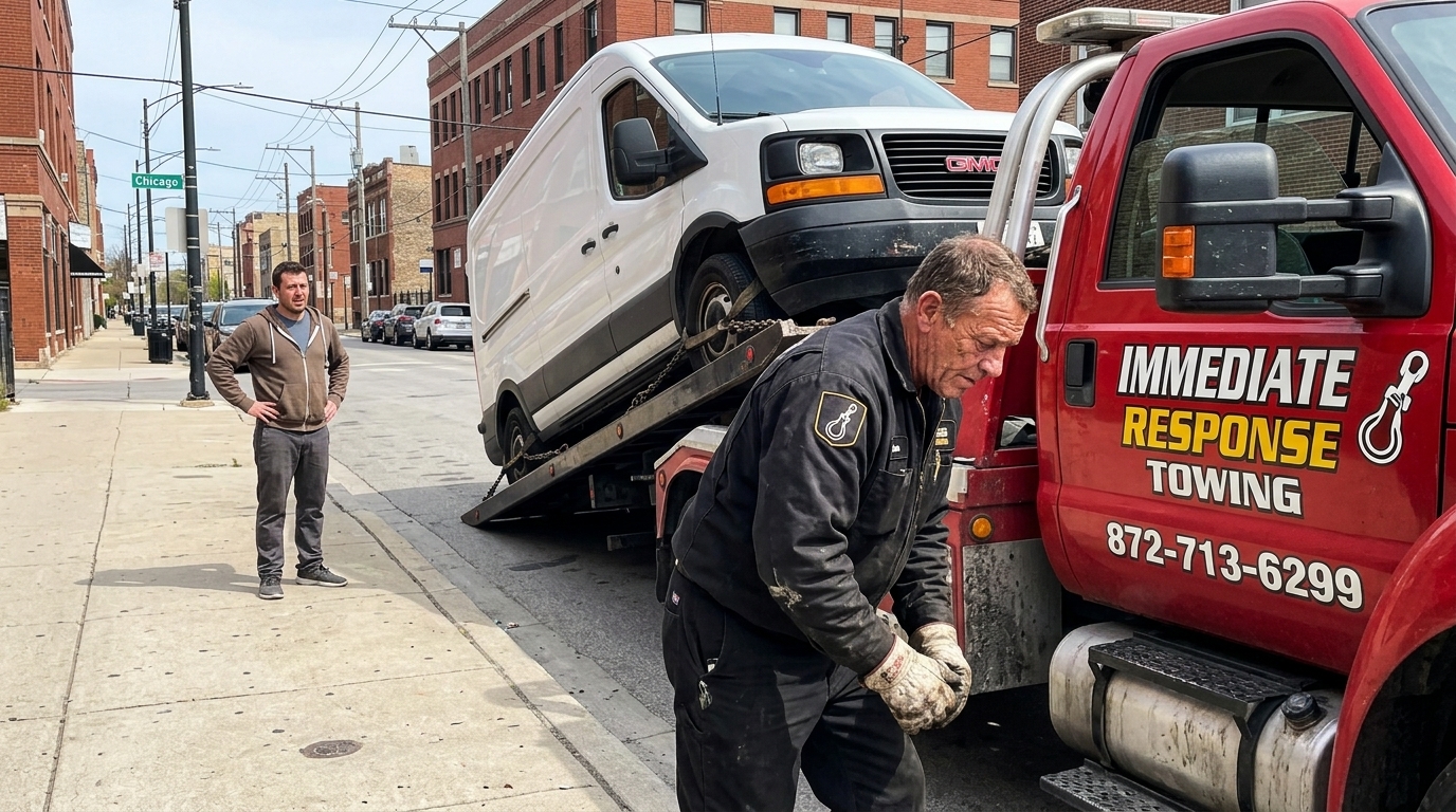 Immediate Response Towing operator securing a delivery van on a heavy duty truck