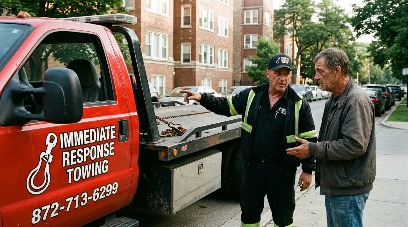 Immediate Response Towing operator explaining the plan to a customer on a Chicago street