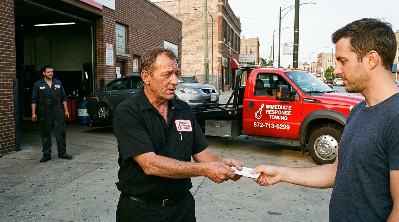 Immediate Response Towing driver handing a customer a receipt outside a repair shop