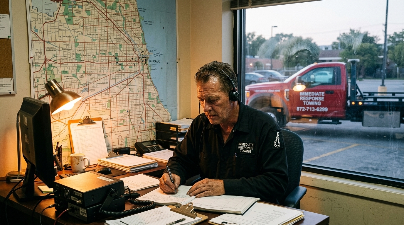 Immediate Response Towing dispatcher taking details from a caller arranging a tow for a family member