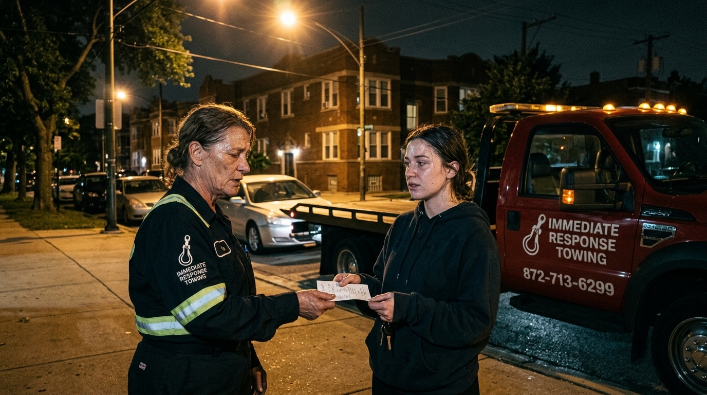 Immediate Response Towing operator handing a receipt to a relieved driver after delivering her car