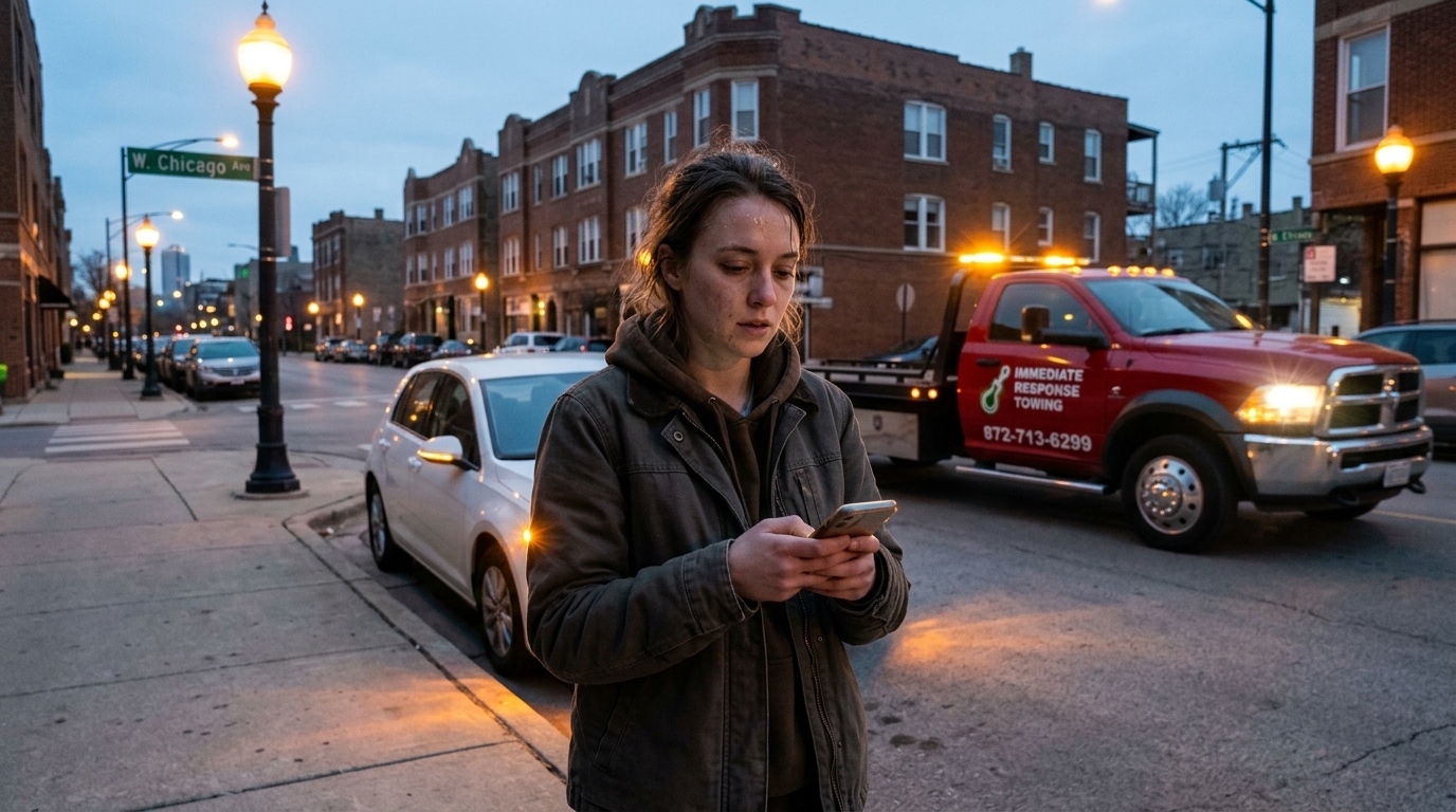 Stranded driver sharing her location on her phone while an Immediate Response Towing truck approaches