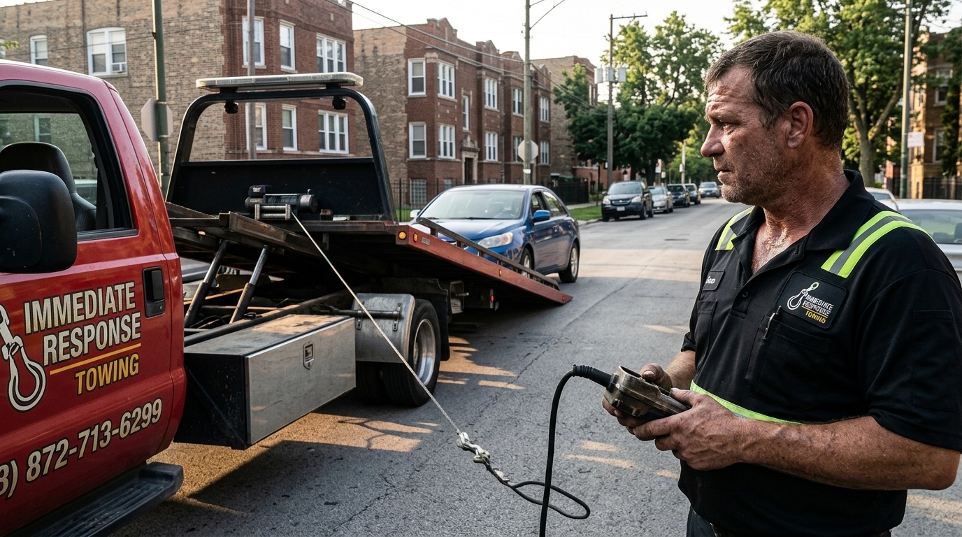 Immediate Response Towing operator controlling the winch while a sedan rolls up the flatbed ramp