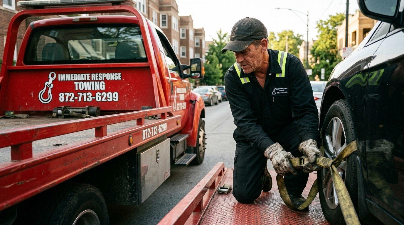 Immediate Response Towing operator fastening a wheel strap on a car on a flatbed