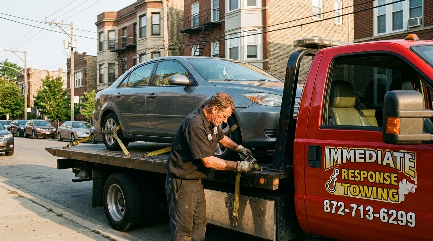 Immediate Response Towing truck carrying a hatchback through a Chicago street at sunset