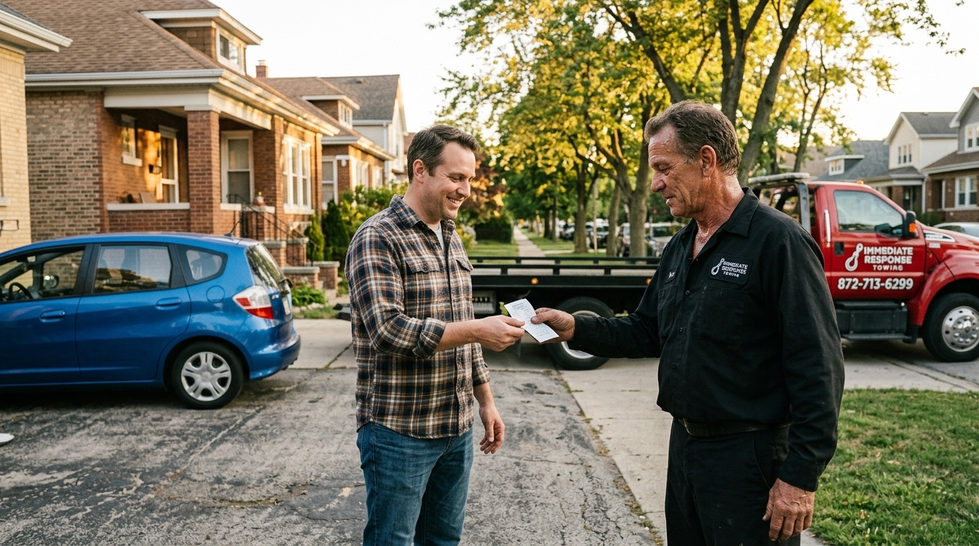 Immediate Response Towing driver handing a receipt to a homeowner after delivering his car home Immediate Response Towing driver handing a receipt to a homeowner after delivering his car home