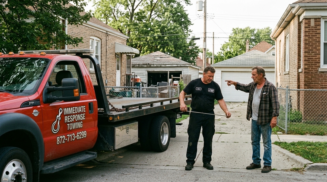 Immediate Response Towing operator reviewing the driveway with a homeowner before unloading a car Immediate Response Towing operator reviewing the driveway with a homeowner before unloading a car