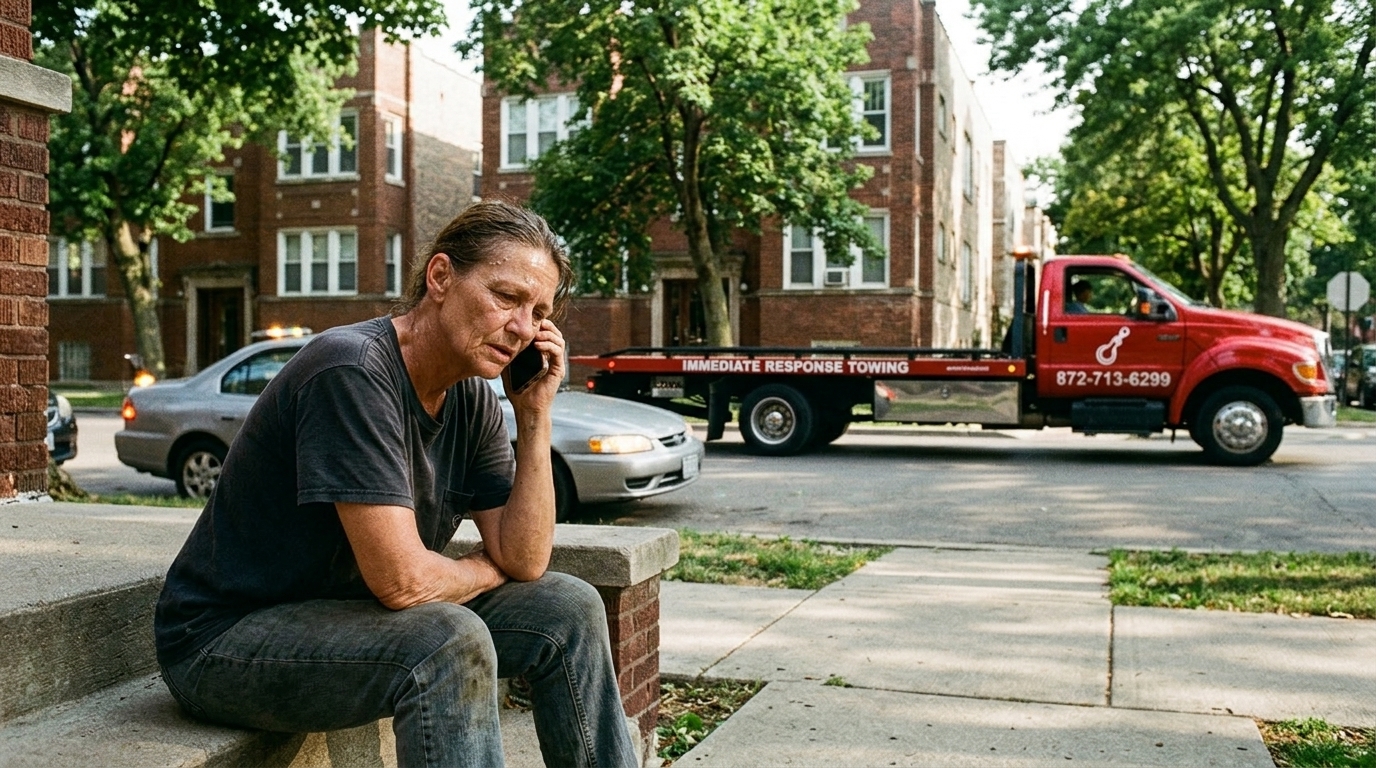 Driver calling to have her car towed home while an Immediate Response Towing truck arrives Driver calling to have her car towed home while an Immediate Response Towing truck arrives