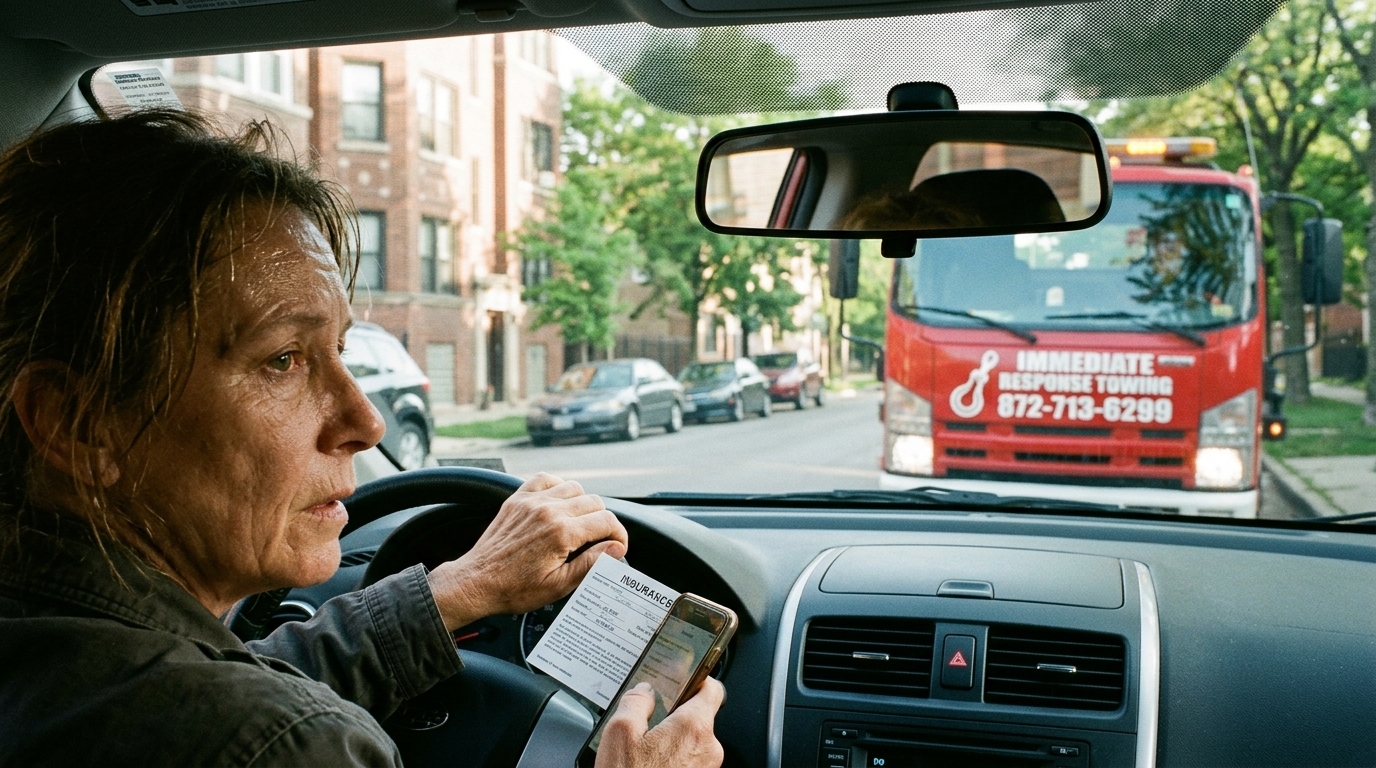 Driver checking her insurance card while waiting for a tow truck on a Chicago street