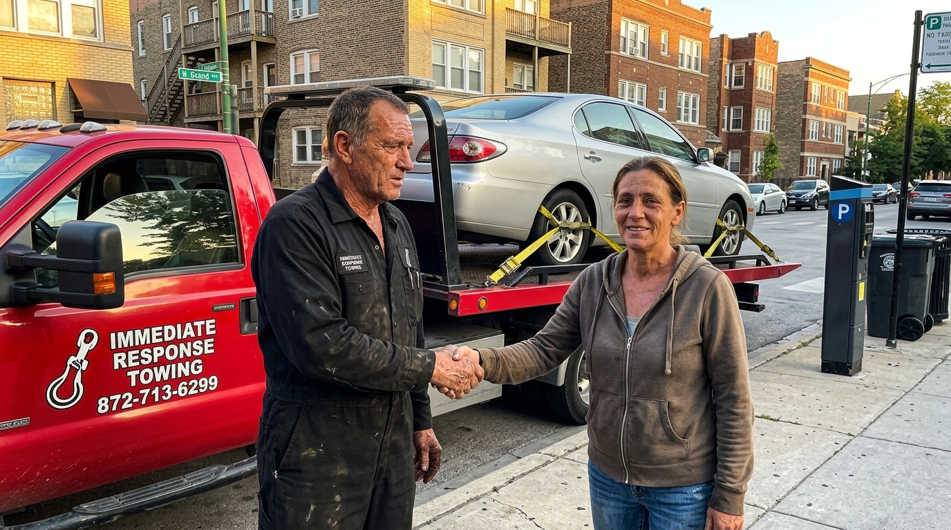Immediate Response Towing operator shaking hands with a relieved customer after loading her car