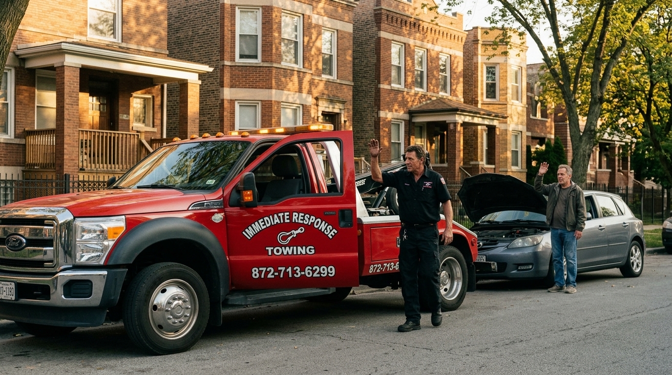Immediate Response Towing driver greeting a relieved customer beside a stalled hatchback