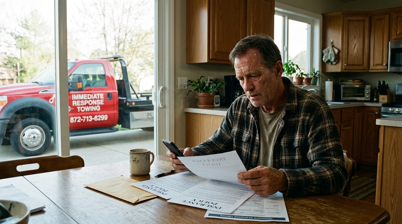 Driver checking insurance papers at home to see what towing coverage he has
