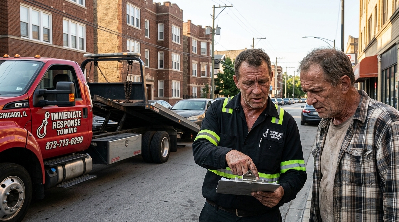 Immediate Response Towing operator going over a written estimate with a customer