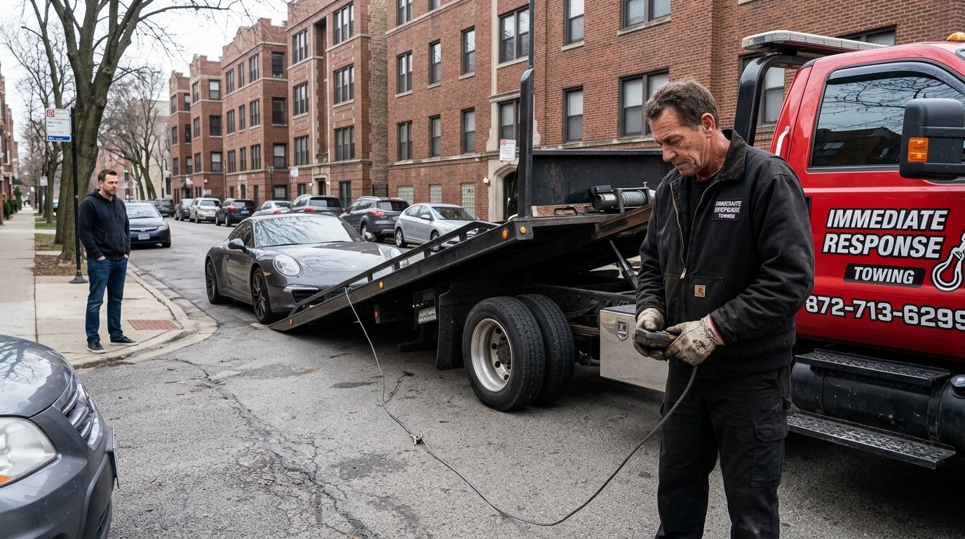 Immediate Response Towing operator loading a low sports car onto a flatbed