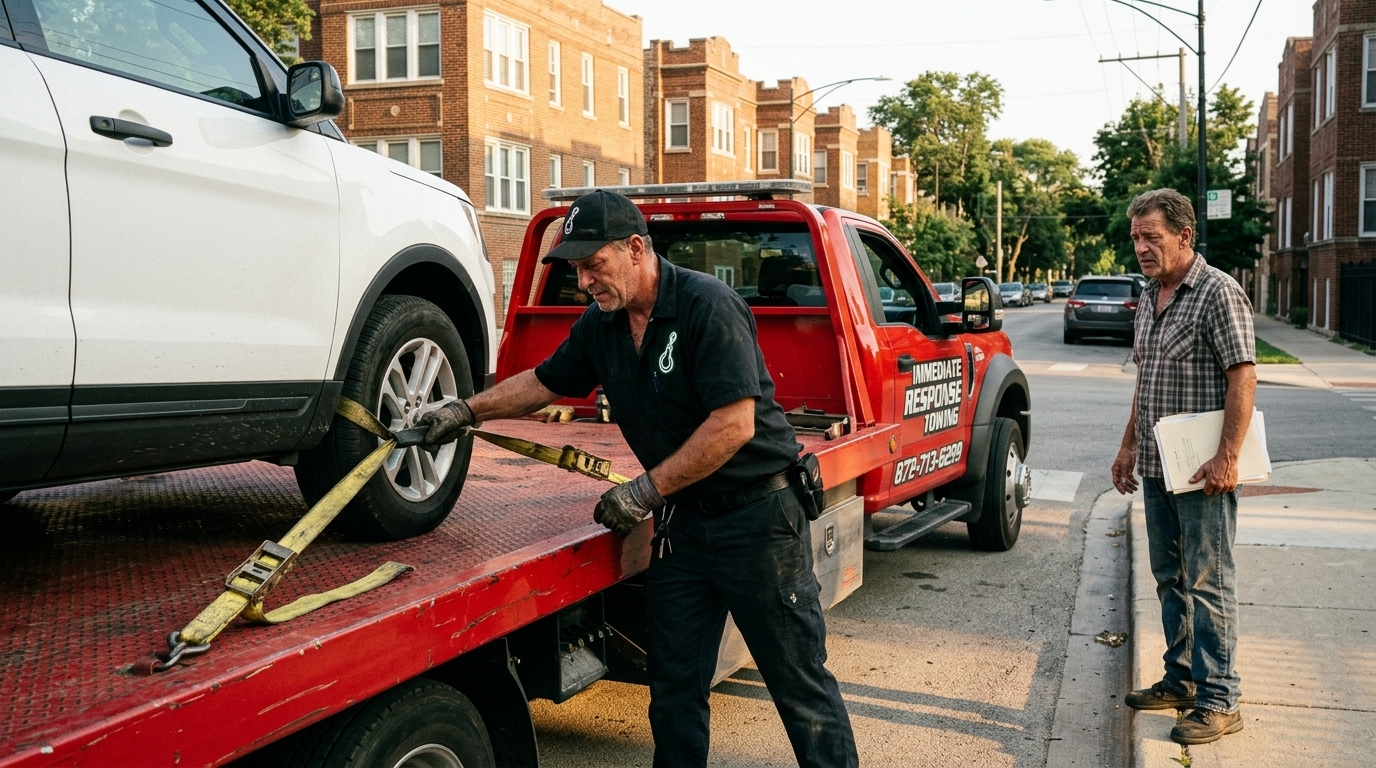 Immediate Response Towing operator checking straps on an SUV before a long distance tow