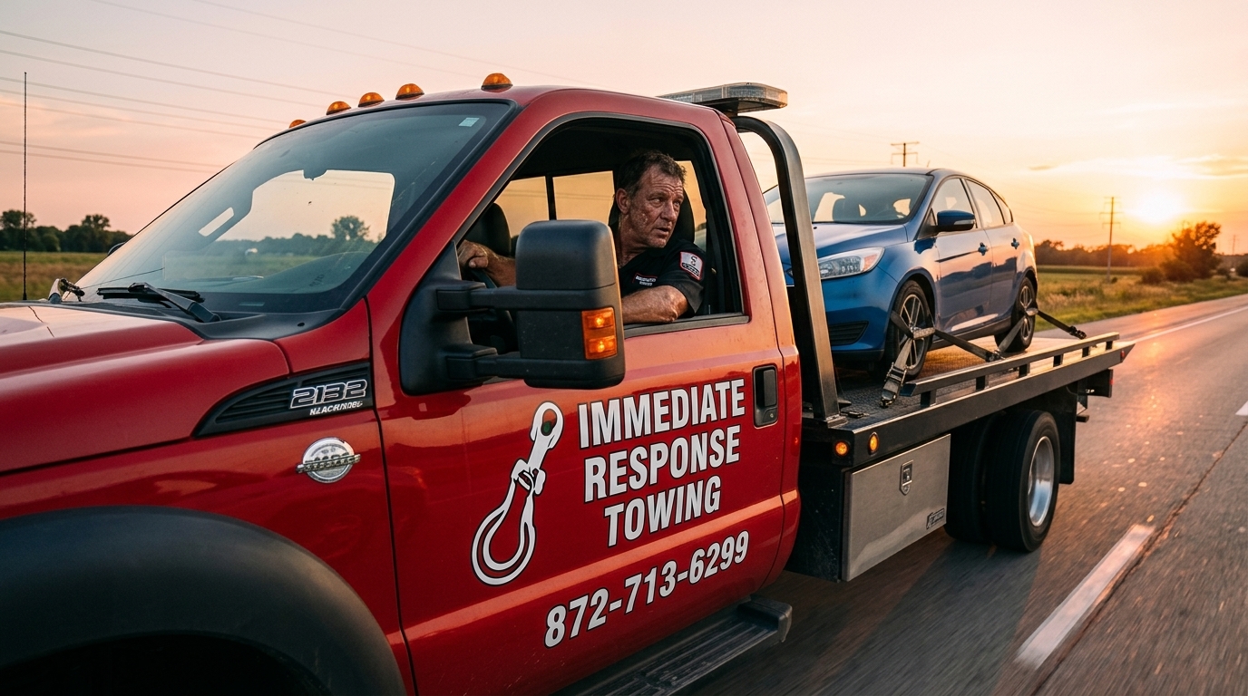 Immediate Response Towing flatbed carrying a hatchback along an open highway at sunset